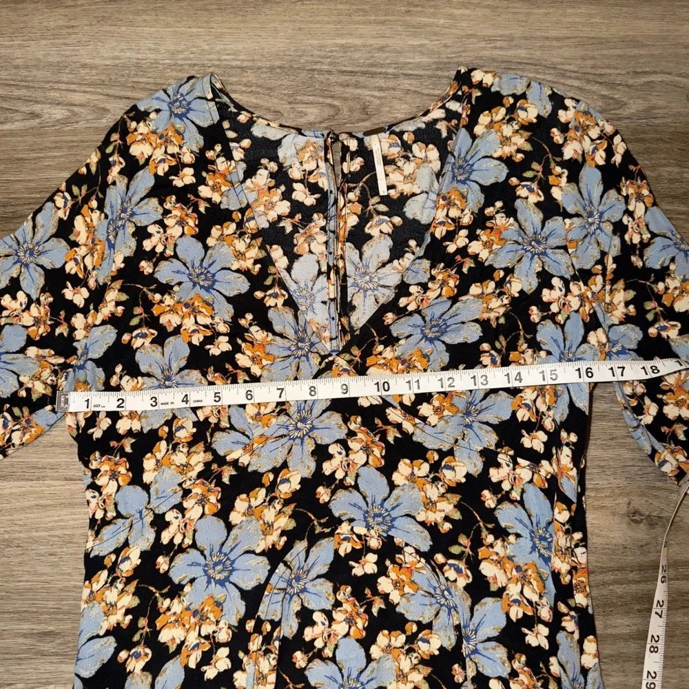Free People Women's‎ Black Blue Floral Midi Dress Size 8 Medium Slit